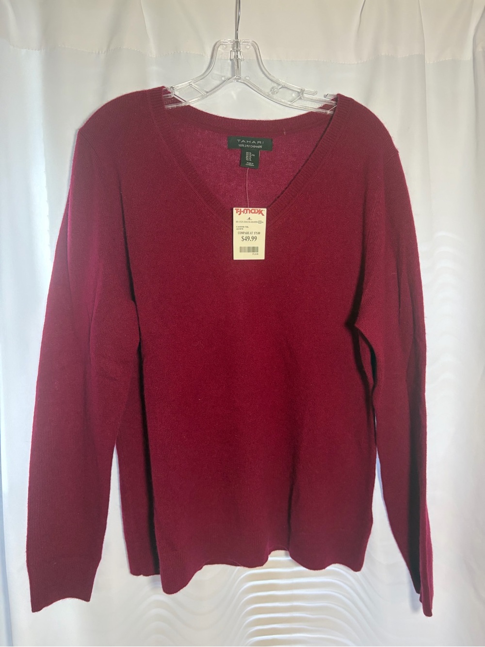 NWT TAHARI Deep Red V-Neck 2-Ply Cashmere Sweater size XL